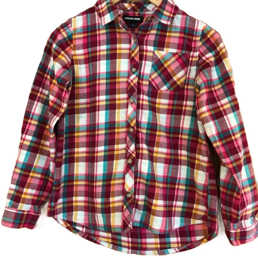 Lands’ End Girls Shirt Size L Multi-Colors, Long Sleeve, Button, Collered